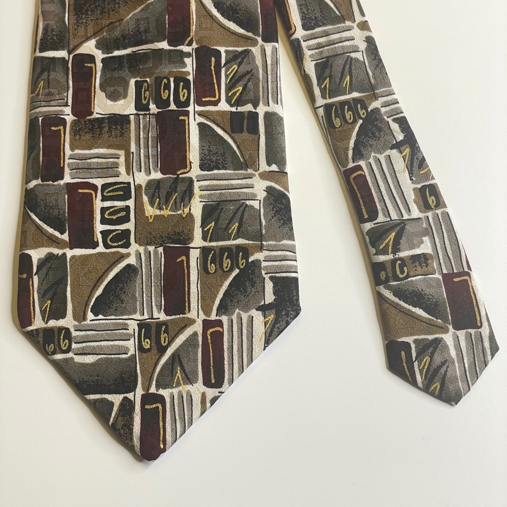 Bellini Vintage Geometric Necktie Mens Burgundy Taupe Gray‎ Silk Abstract Office